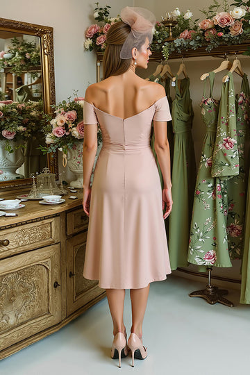 Dusty Rose Off The Shoulder Sheath Midi Mother Of The Bride Dress